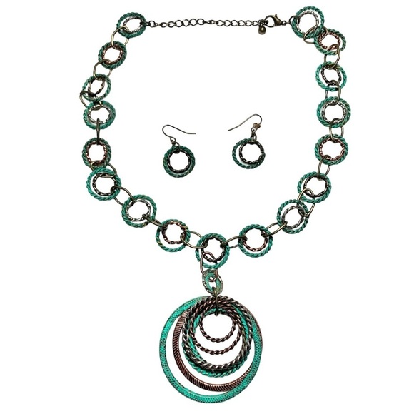 Jewelry - 🎒BTS SALE📚 Patina Green Boho Layered Wrap Circle Charm Necklace & Earrings, [2 p